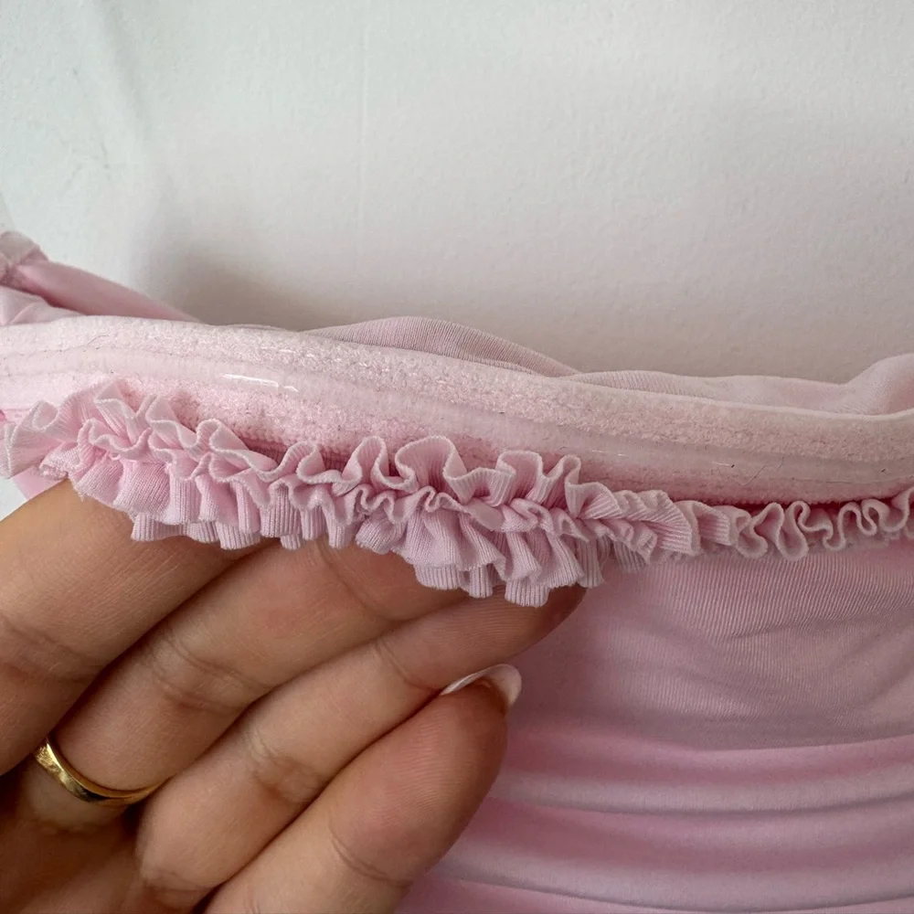 Oh Polly Hayami Bandeau Ruched Ruffle-Trim Maxi Dress in Blush - Size 2 - Picture 12 of 16